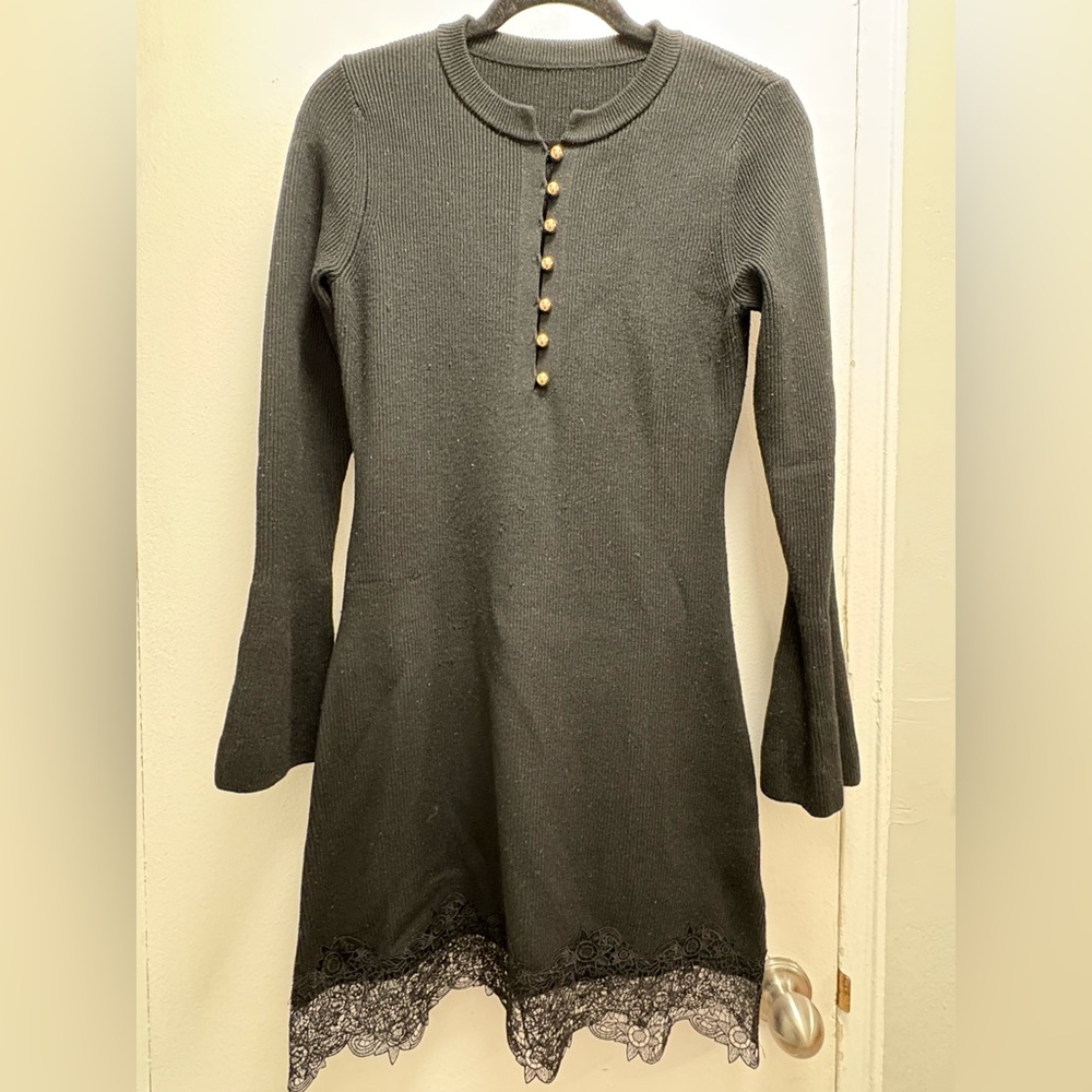 Black Sweater Dress with Lace Trim